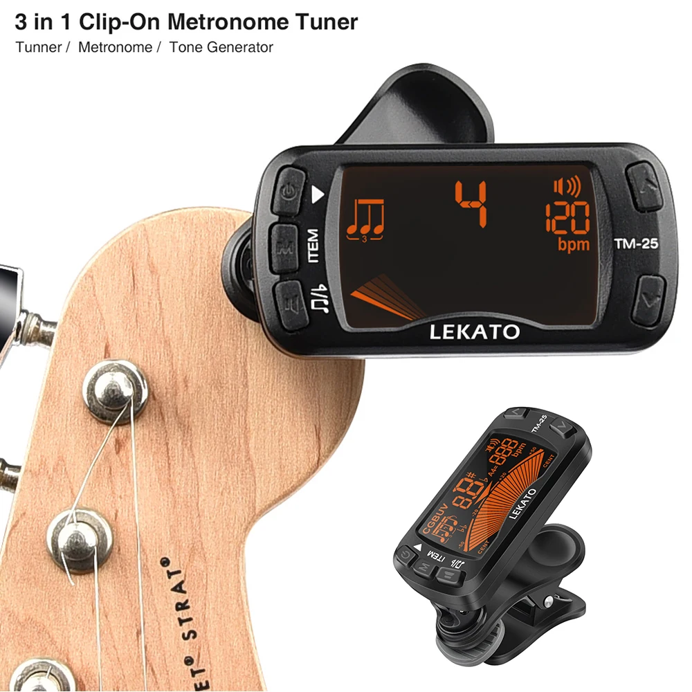 Lekato Gitarren-Stimmgerät, Pedal zum Anklipsen, Stimmgerät für Ukulele, automatischer Tonabnehmer, Gitarren, Musikinstrument, 3-in-1-Stimmgerät, Metronom Image