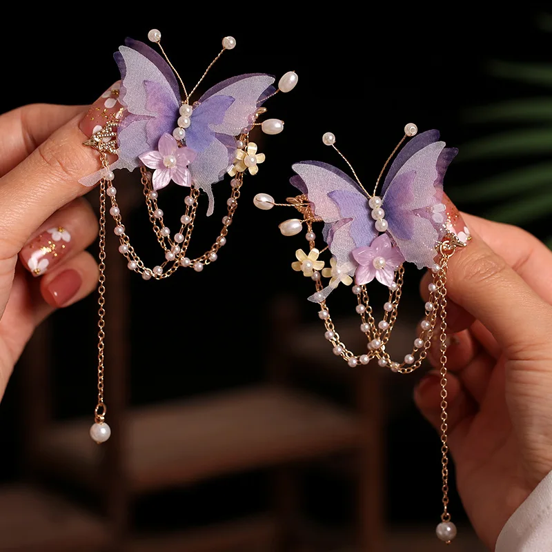 2 stücke Lila Schmetterling Haar Clips Chinesische Perle Quaste Haarspangen Vintage Blume Fringe Schritt Schütteln Retro Han Kostüm Party Haarnadel Image