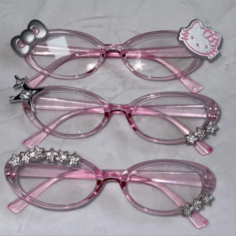 Harajuku Japanischer Charm Girl Hello Kitty Brillen mit Glänzender Rosa Schleife Y2K Hello Kitty Dekorative Brille Geburtstagsgeschenk