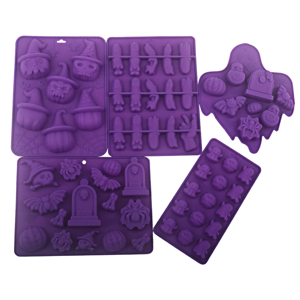 Halloween Totenkopf Geist Fledermaus Spinne und Fingerförmige Silikonformen für Schokoladenmousse Dessert Backformen Image