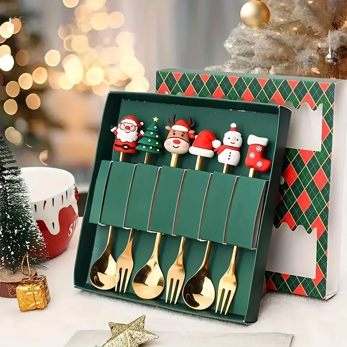 4/6Pcs Weihnachten Gabel Und Löffel Set Edelstahl Kreative Geschirr Kaffee Tee Dessert Gabeln Und Löffel Weihnachten geschenk Set Dekor Image