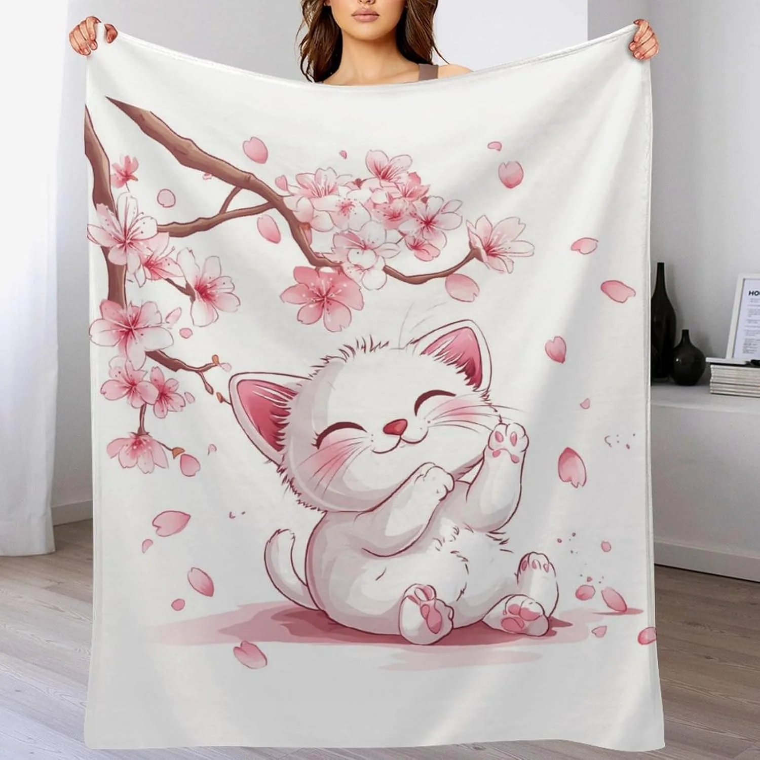 1 x süße Katze mit Kirschblumen, Überwurf, dünne Decke, Geschenke für Couch, Bett, Auto, Zuhause, Camping, für Tiere, Katzenliebhaber, Ganzjahresgebrauch Image