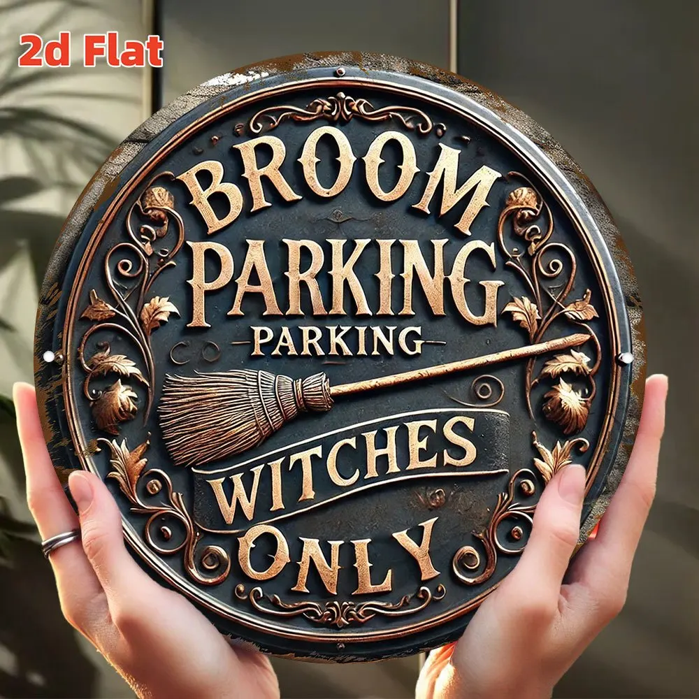 2D Flat, Halloween-Schild „Broom Parking for Witches“ – 19,79 x 19,79 cm, runde, humorvolle Wanddekoration aus Aluminium mit goldenen Akzenten Image
