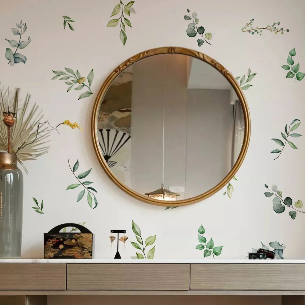 Grüne Blattzweige, Aquarell-Wandaufkleber für Wohnzimmer, Schlafzimmer, Fußleiste, Aufkleber, Heimdekoration, Wandbilder Image