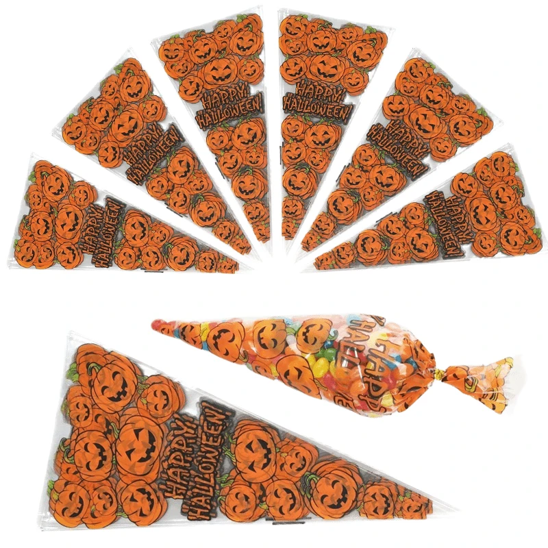 50/100PCS Halloween Kunststoff Kürbis Tasche Transparent Kürbis Muster Verziert Süßigkeiten Taschen Süßes Oder Saures Kunststoff Dreieck Tasche ZYF Image