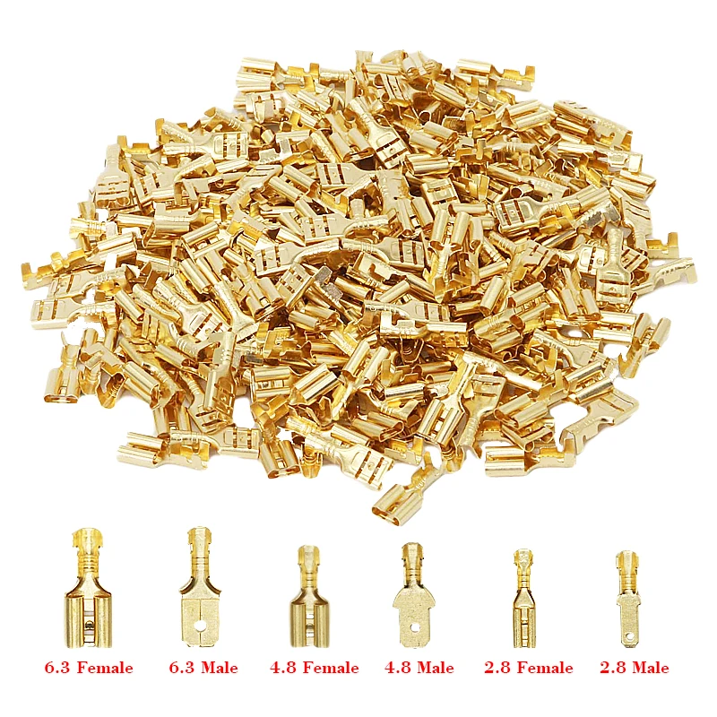100 Teile/los 2,8/4,8/6,3mm Weibliche und männliche Crimp Terminal Stecker Gold Messing/Silber Auto Lautsprecher elektrische Draht Anschlüsse Set Image