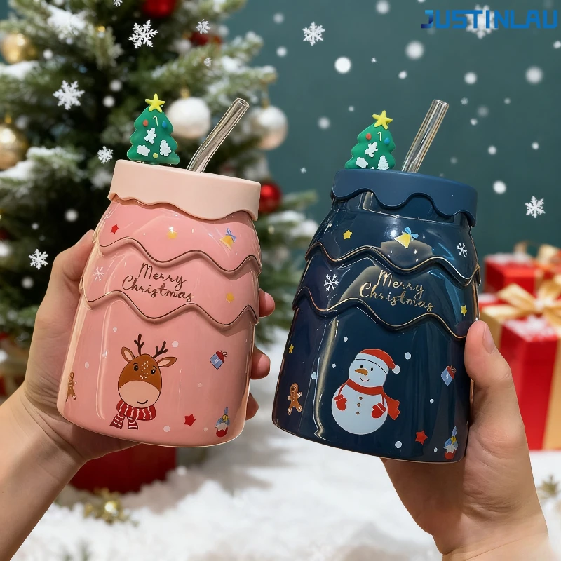 Kreative Weihnachtstassen Cartoon Weihnachtsbaum Form Weihnachtsmann Elch Schneemann Glocke Keramiktasse mit Deckel und Strohhalm Kaffeetasse Weihnachtsgeschenk Image