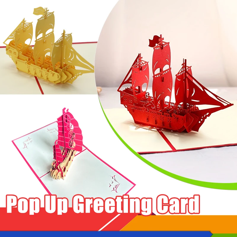 3D-Pop-up-Grußkarte, Postkarte für Party, Einladung, Geburtstag, Party, Segelboot, Corsair, Yacht, Schiff, Schiff, Geburtstagsgeschenk Image