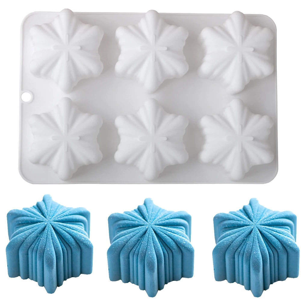 6-Cavity Starburst Snowflake Mousse Silikonform | Weihnachts-Backform in Schneeflockenform für Kuchen, Schokolade, französisches Gebäck Image