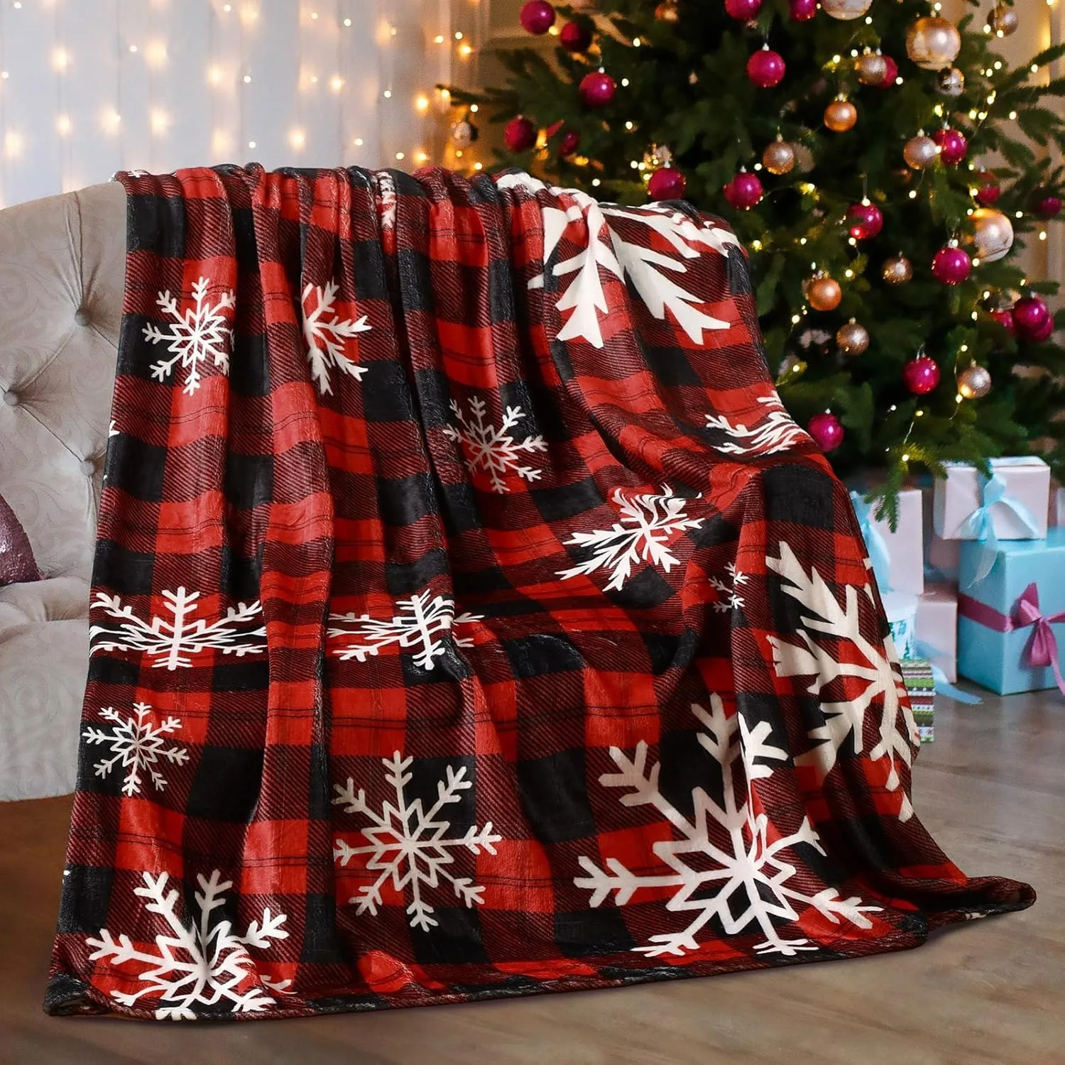 1PC Werfen Weihnachten Rot Plaid Flanell Decke Schneeflocken Weihnachten Urlaub Werfen Weiche Leichte Dekorative Decken Werft Geschenke Image