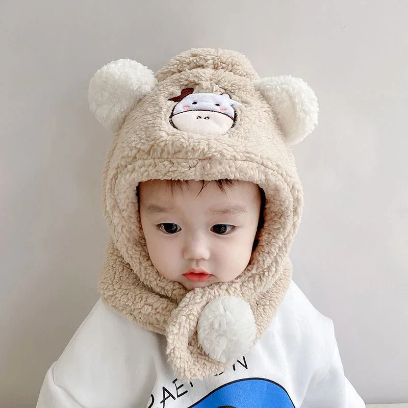 Niedliche Tier-Babymütze, Winter, warm, Plüsch, Gehörschutz, Kinder, Jungen, Mädchen, Cartoon-Lamm-Fleece, einteilige Schal-Mütze Image