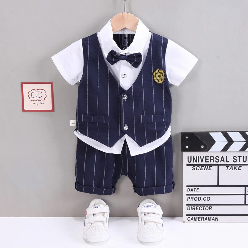 2PCS Baby Set kinder Sommer Gentleman Stil Bowtie faux zwei-stück Weste Polo Kurzarm Shorts Set Image