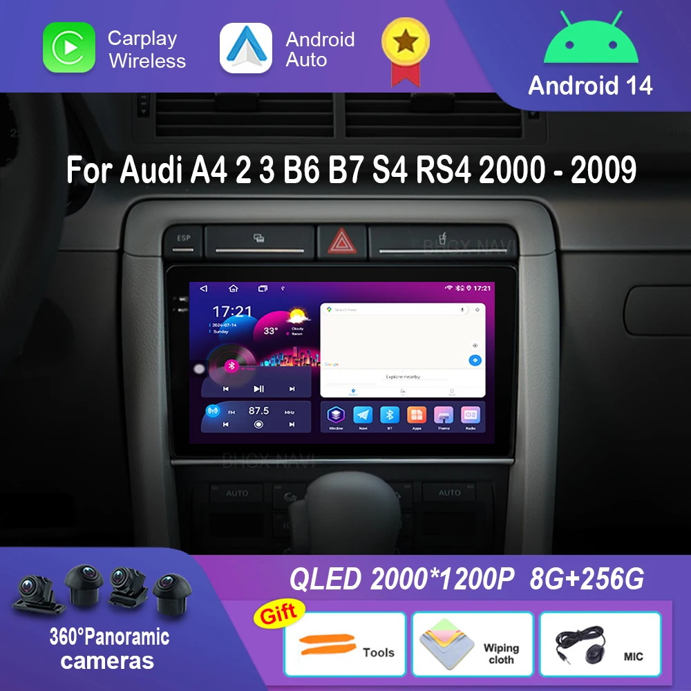 9 Zoll für Audi A4 2 3 B6 B7 S4 RS4 2000–2009 Android 14 Auto Video Multimedia Player BT 4G WiFi GPS Navigation DSP Stereo Image