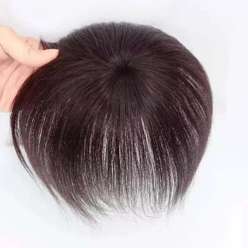 9 x 9 cm glattes Echthaar, Damen-Haarteil für Frauen, erhöht das Haarvolumen schnell, Abdeckung graues Haar, dunkelbraun/natürliche Farbe Image