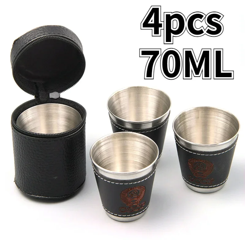 4 teile/los 30/70 ml Outdoor Camping Geschirr Reise Tassen Set Picknick Liefert Edelstahl Wein Bier Tasse Whisky becher PU Leder Image