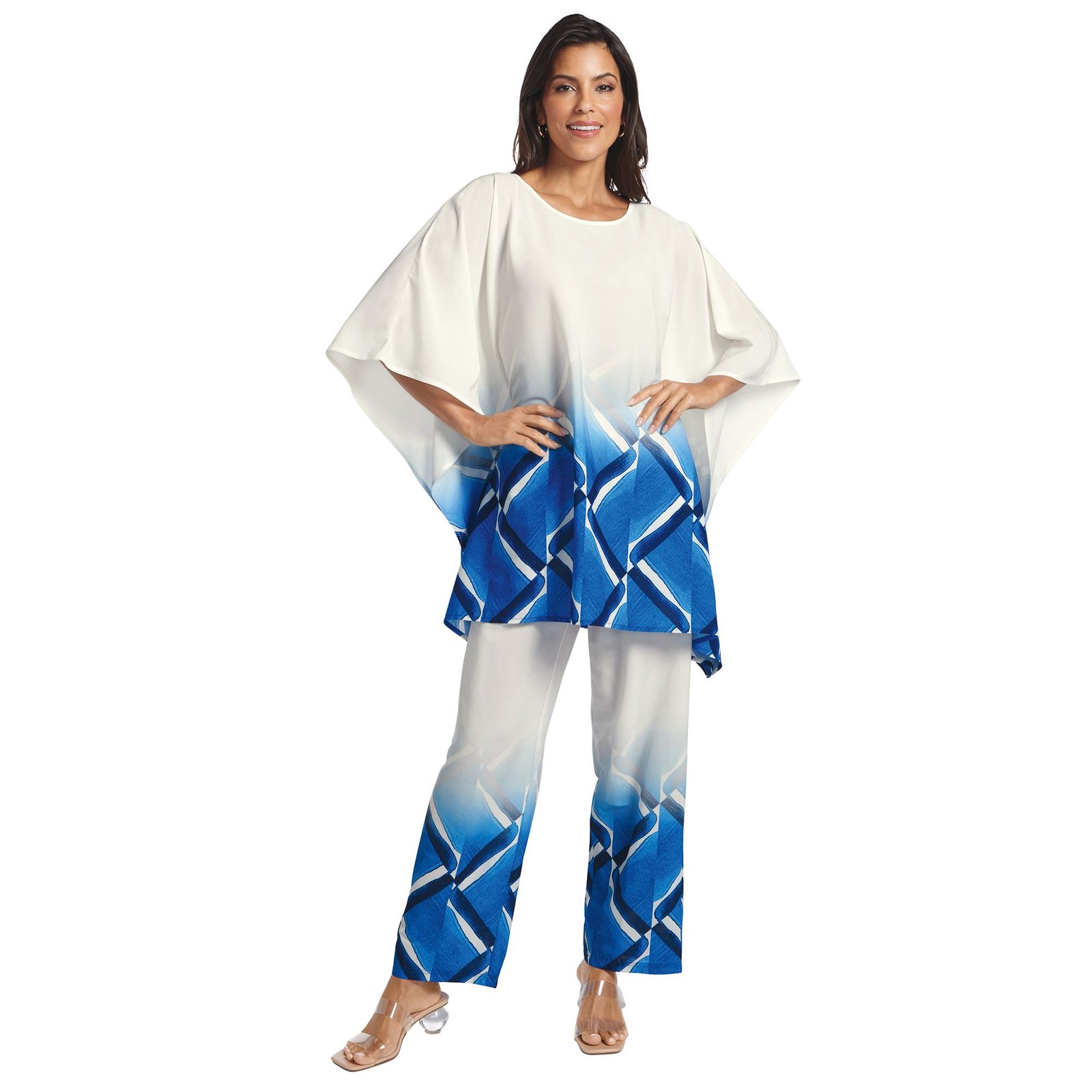Masseys Poncho Pant Set (Size S) Blue/White/Lattice, Elastine,Polyester