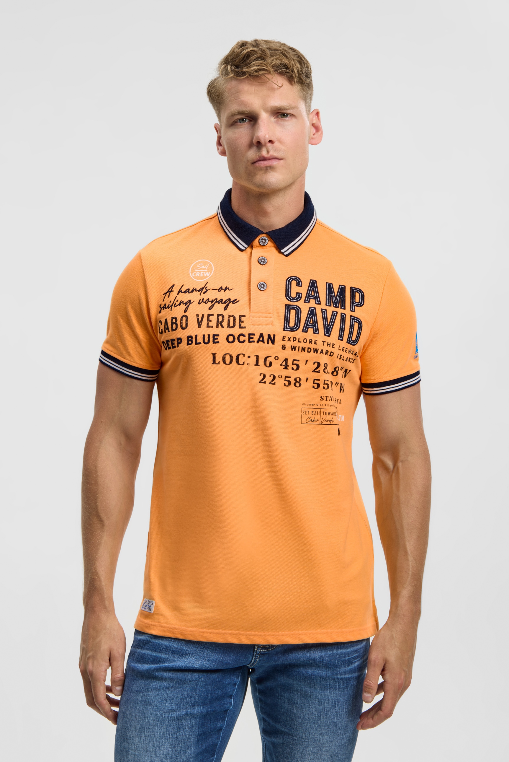 Poloshirt CAMP DAVID, Herren, Gr. XXL, orange, Piqué, Material: 65% Polyester, 35% Baumwolle, bedruckt, bestickt, regular fit normal, hoch geschlossener Ausschnitt, eingesetzt Bündchen, Shirts, mit Seitenschlitze