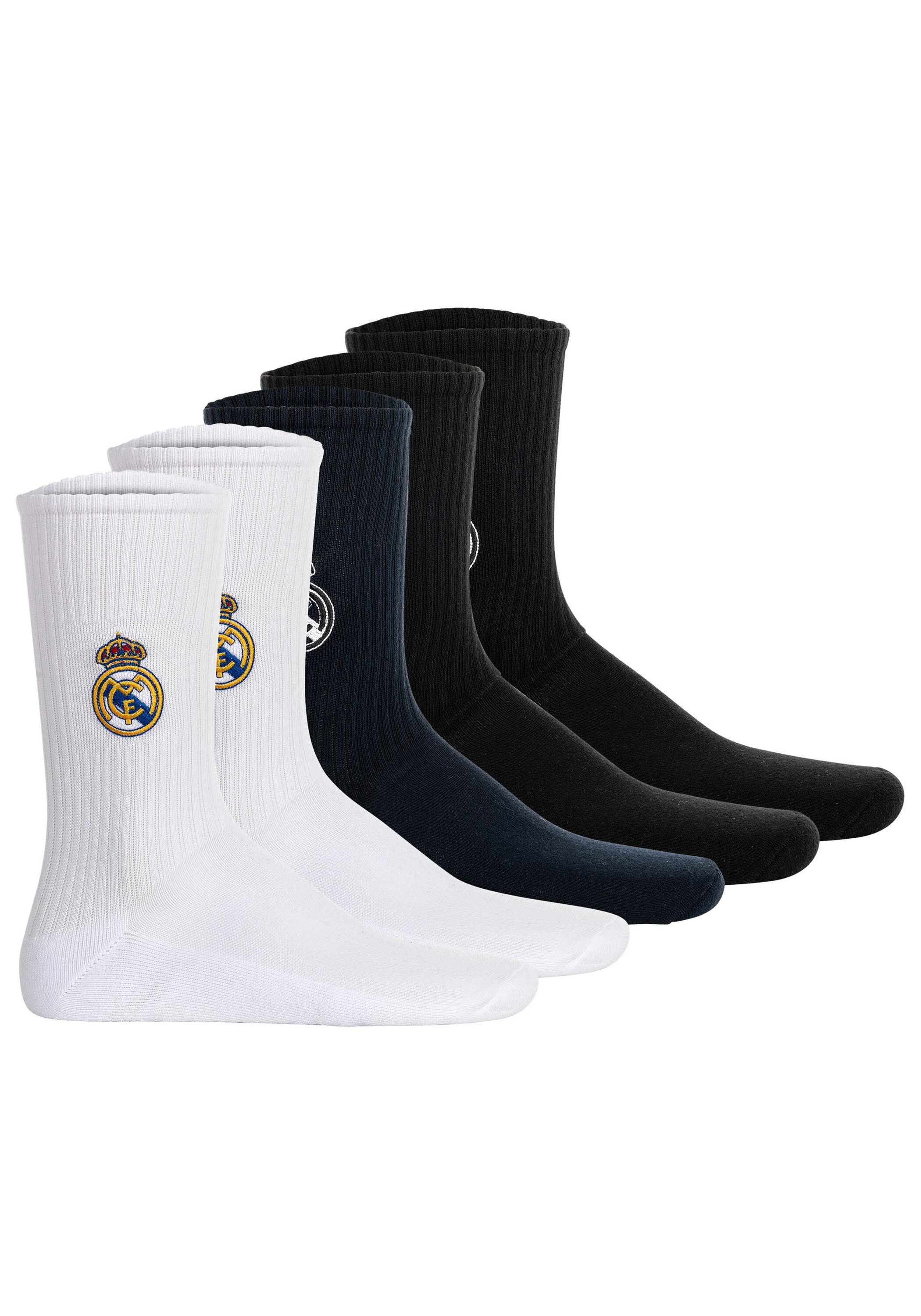 Kurzsocken REAL MADRID "Socken RM Crew Socks 5-Pack Embroidery 5er Pack", Herren, Gr. 39-42, bunt (weiß, dunkelblau, schwarz), Obermaterial: 80% Baumwolle CO. 18% Polyamid PA. 2% Elasthan EL., Socken Image
