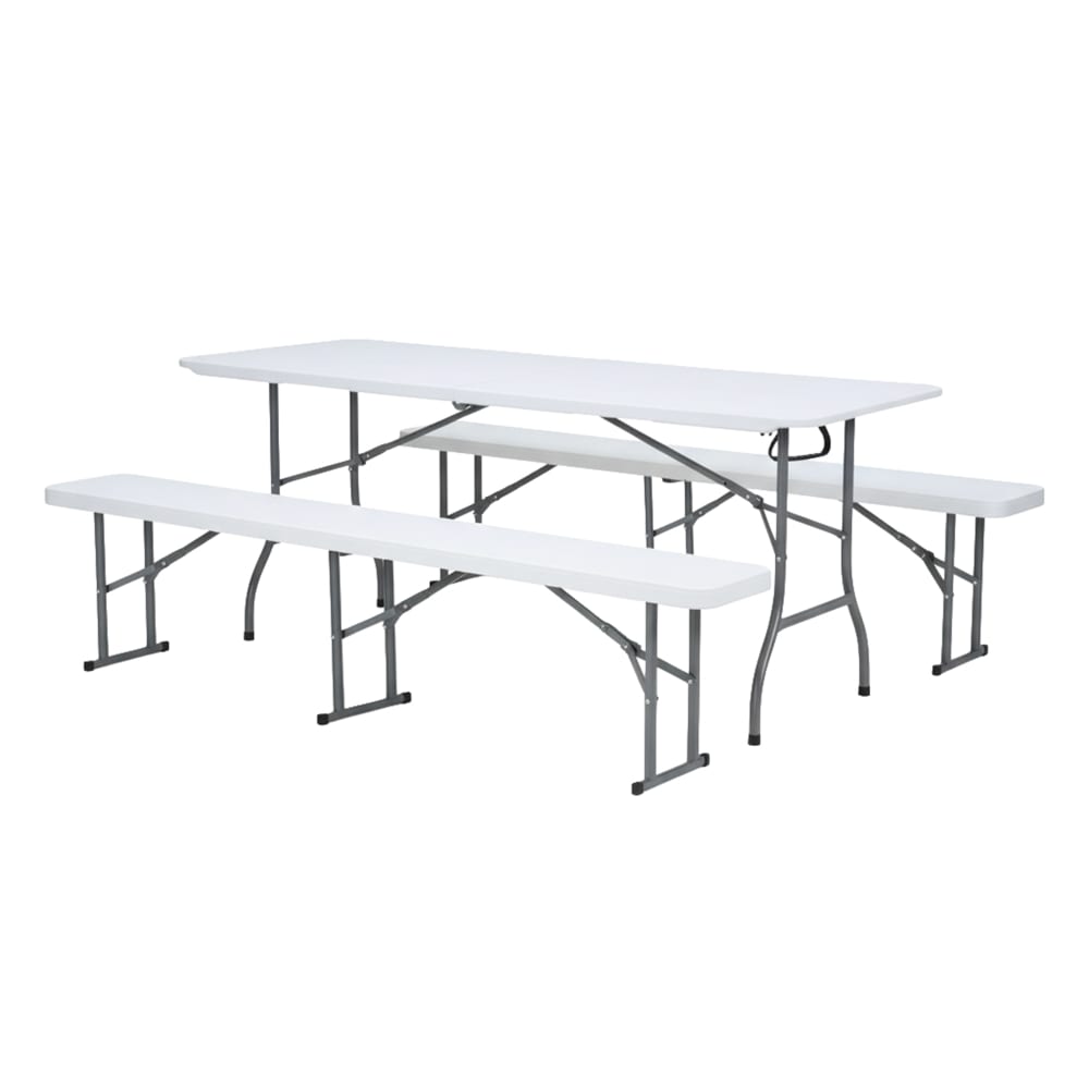 Tavolo e panca da birreria, pieghevoli in plastica, bianchi