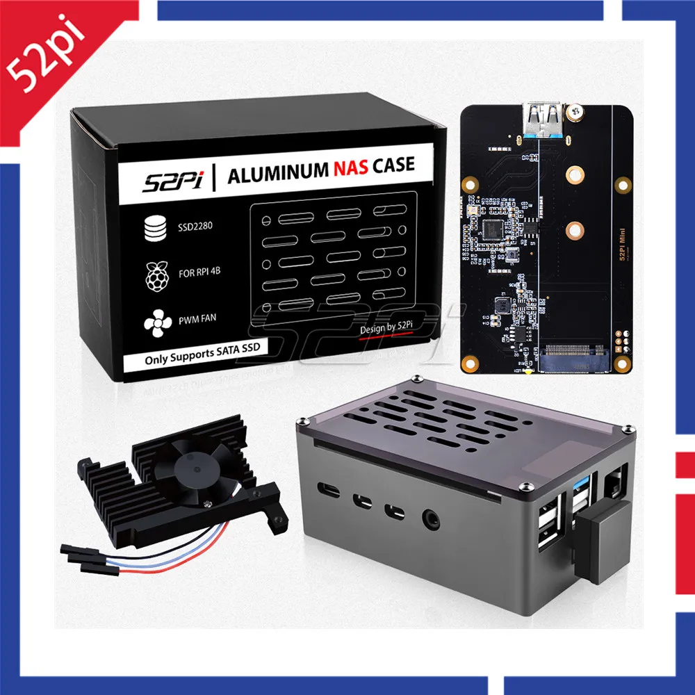 52Pi Aluminium-Ziegelgehäuse, schwarzes Verschlussgehäuse mit einstellbarer Geschwindigkeit, 3510 leiser Lüfter und M.2 Sata SSD für RPI 4B Image