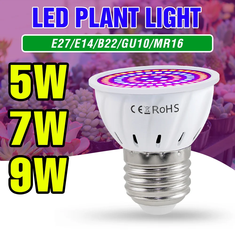 9W E27/E26 LED Pflanzenlampe GU10 Vollspektrum Pflanzenleuchte E14 für Innenbereich MR16 Sukkulenten Kaktus Kultivierung Beleuchtung AC220V 5W 7W