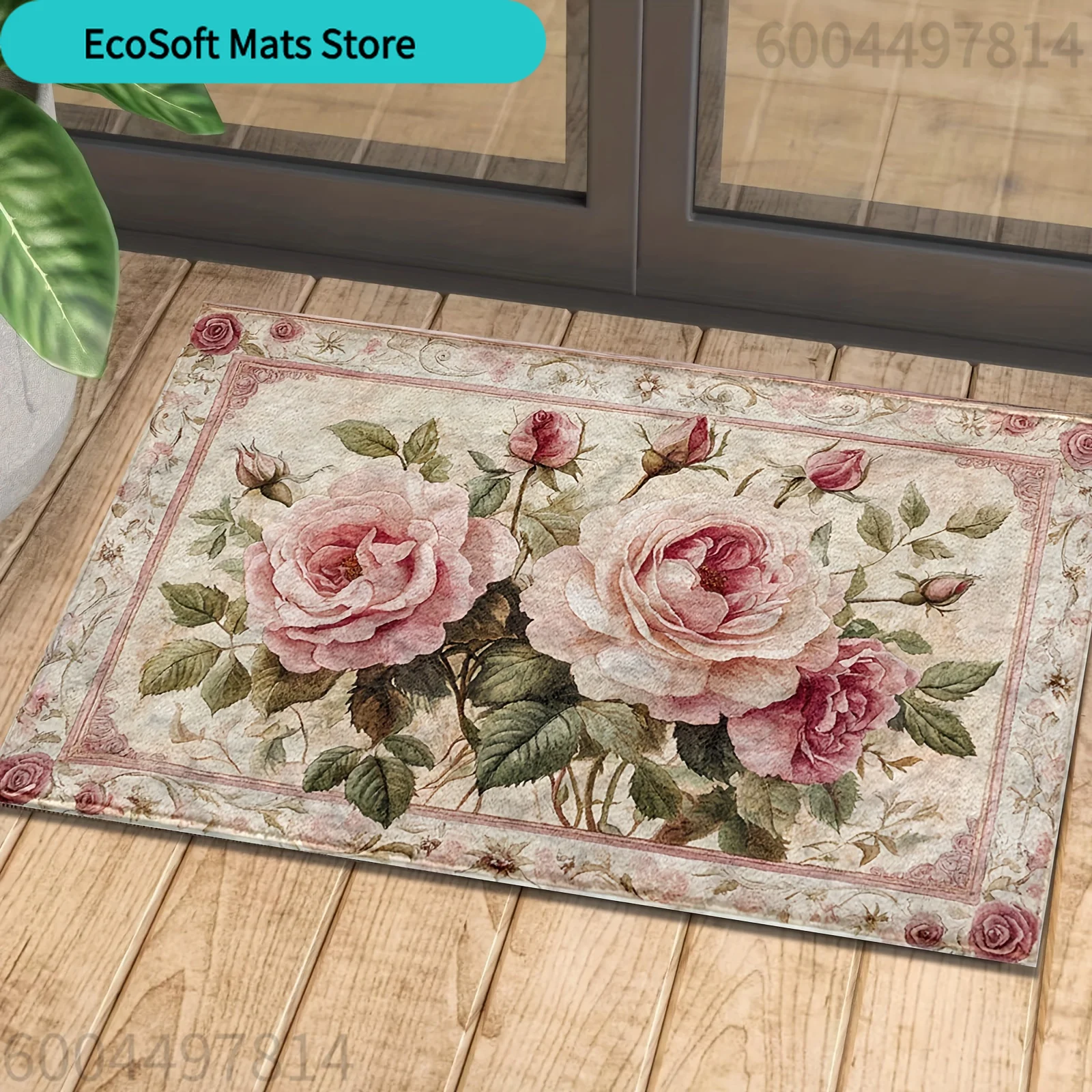 Ein Stück Vintage-Badematte mit rosa Blumenmuster, rutschfest, aus Imitationsmaterial. Es ist rechteckig, saugfähig. Image