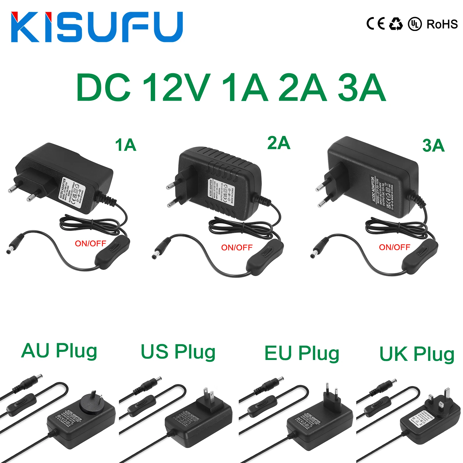 Universal-Netzteil mit EIN/AUS-Schalter, AC 100–240 V auf 12 V, 1 A, 2 A, 3 A, EU/US/UK/AU-Stecker für DC-Stecker und weiblich, LED-Streifen Image