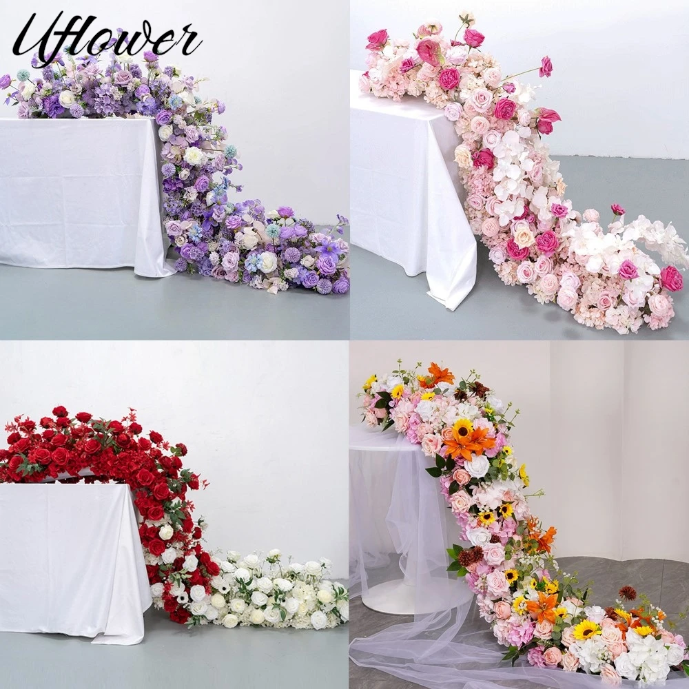 Uflower 200 cm Luxus Rose Künstliche Blume Reihe Tischdekoration Hochzeit Hintergrund Blumen Wand Bögen Dekor Party Bühne Blumen Image