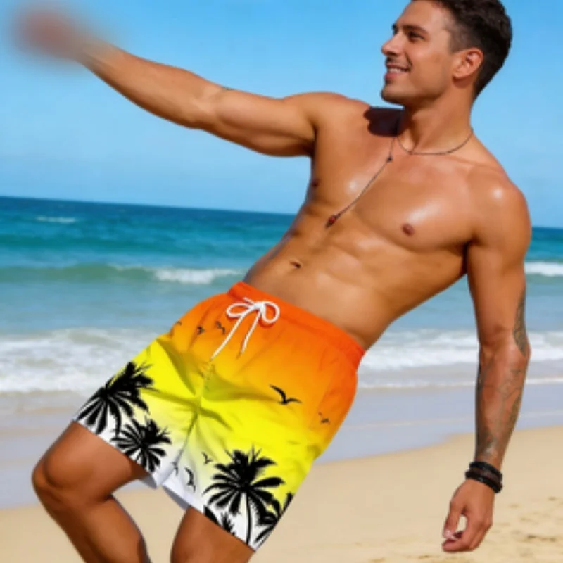 Sommerurlaub Herren-Boardshorts mit Palmenmuster und Kordelzug, modische Badehose, 3D-Druck, atmungsaktiv, kurz, Streetwear Image