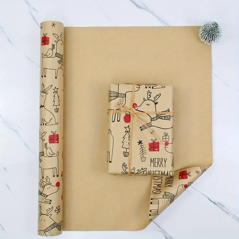 1 Rolle Weihnachts-Geschenkpapier, süßes Hirsch-Design, Beige, Rot, 43,18 cm x 3 m, Geschenkpapier für Urlaub, Geburtstag, Geschenke, Party-Dekoration Image