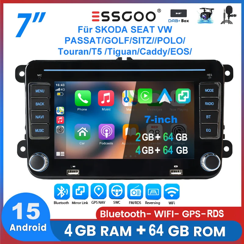ESSGOO 7"Android15 Autoradio für VW Golf 5 6 Passat Polo 6R Touran Tiguan Caddy EOS Jetta Seat Skoda CarPlay GPS Navi RDS FM BT Image