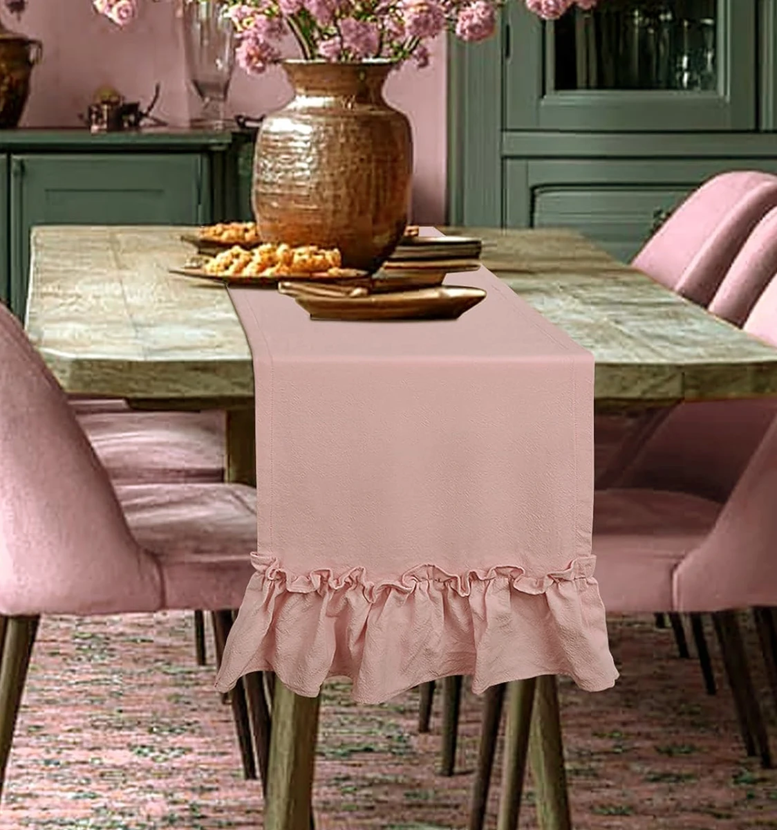 Tischläufer aus 100 % Baumwolle mit Rüschen für rustikale Hochzeitsdekoration, Babyparty, Geburtstagsfeier, Weihnachten, Wohnzimmer, Tischdekoration