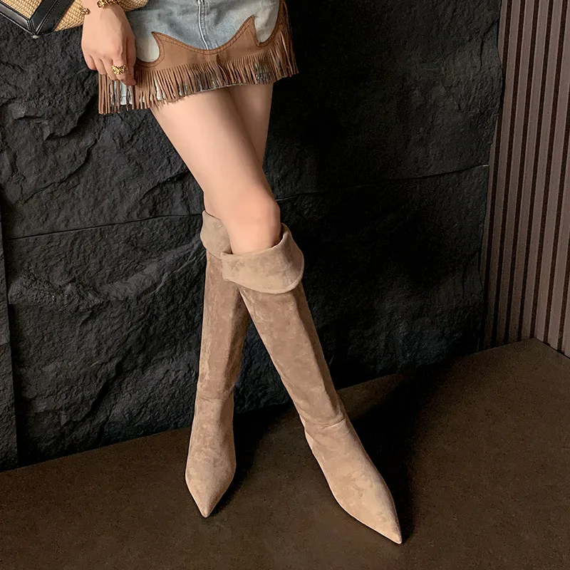 MKKHOU Modische Overknee-Stiefel für Damen, neue hochwertige Wildleder-Stiefel mit spitzem, breitem Rohr, bequeme Stiefel mit flachem Boden, moderne lange Stiefel Image