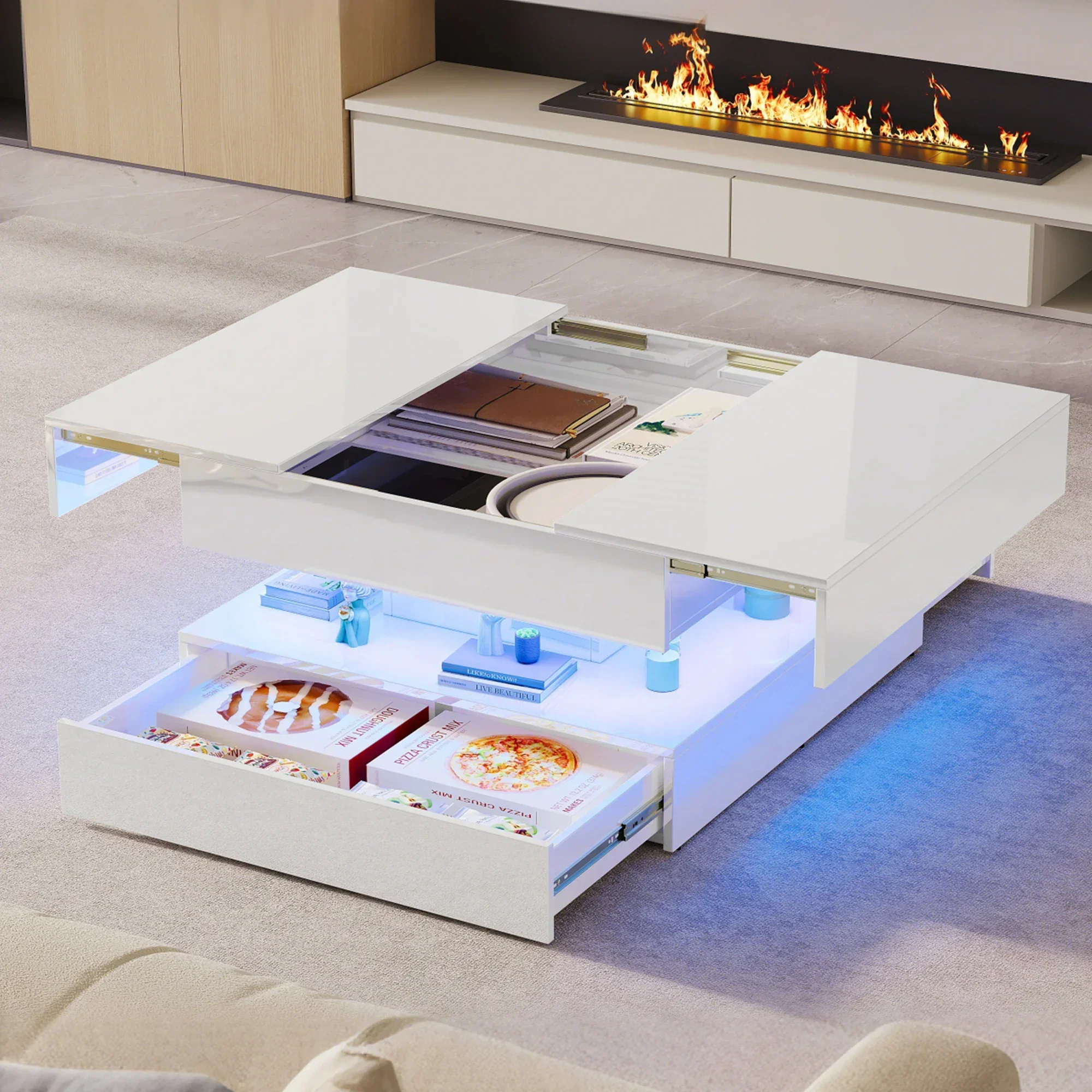 Rosahqnda Couchtisch Hochglanz-Wohnzimmertisch mit LED, Fernbedienung und APP-Steuerung, Beistelltisch mit 2 Schubladen, versteckter Stauraum Image