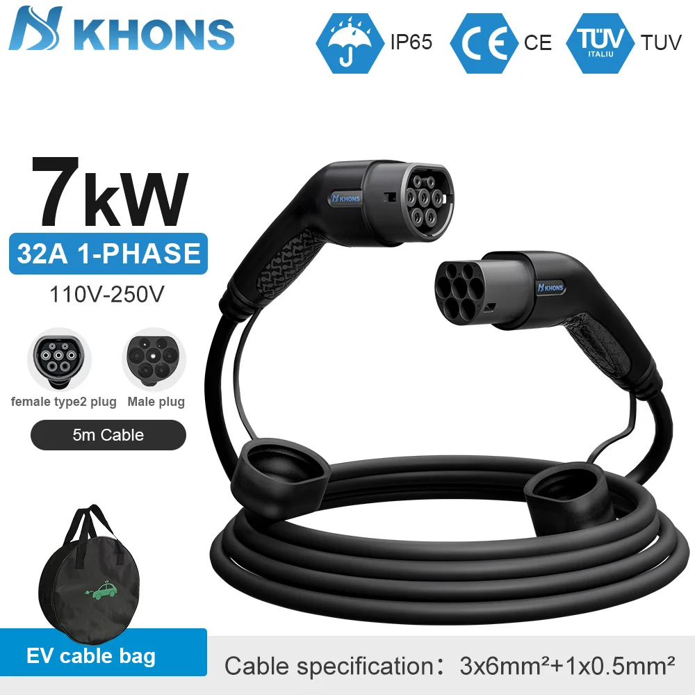 Khons 7KW EV-Ladekabel Typ 2 auf Typ 2, 32A EV-Ladekabel, Typ 2 Buchse auf Stecker, EVES-Ladestationen, 5M Kabel, TPU, IP65 Image