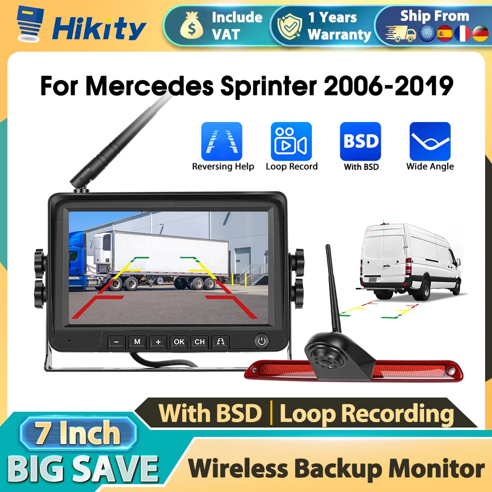 Hikity Drahtloser Rückfahrmonitor Speziell für Mercedes Sprinter 2006-2019 Auto-Rückfahrkamera mit BSD IP67 Wasserdicht Image