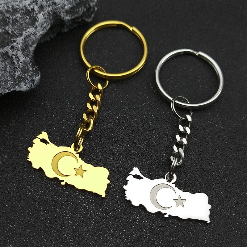 Ethnische Türkei Karte Flagge Schlüsselanhänger für Männer Frauen Edelstahl Gold Silber Farbe türkische Landkarte Mond Stern Schlüsselanhänger Schmuck G