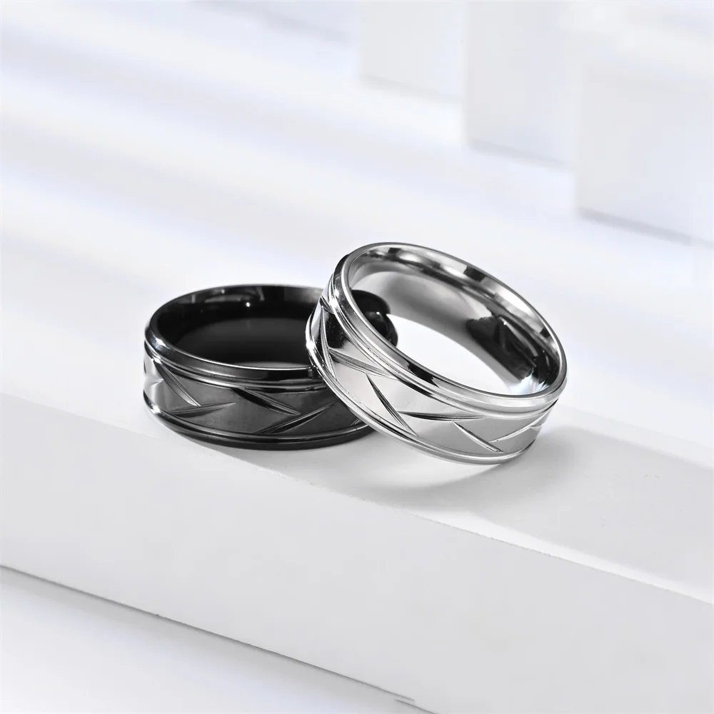 Modischer Herren-Ring aus silberfarbenem schwarzem Edelstahl mit Nut, facettierter Ring für Männer und Frauen, Verlobungsring, Jahrestagsgeschenke Image
