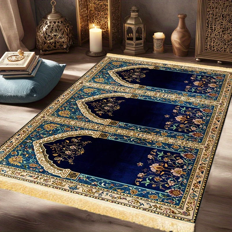 VIKAMA Muslimischer Gebetsteppich mit Fransen, Gebetsmatte für Schlafzimmer und Wohnzimmer, Langlebiger Polyester-Dekorativer Gebetsteppich Image