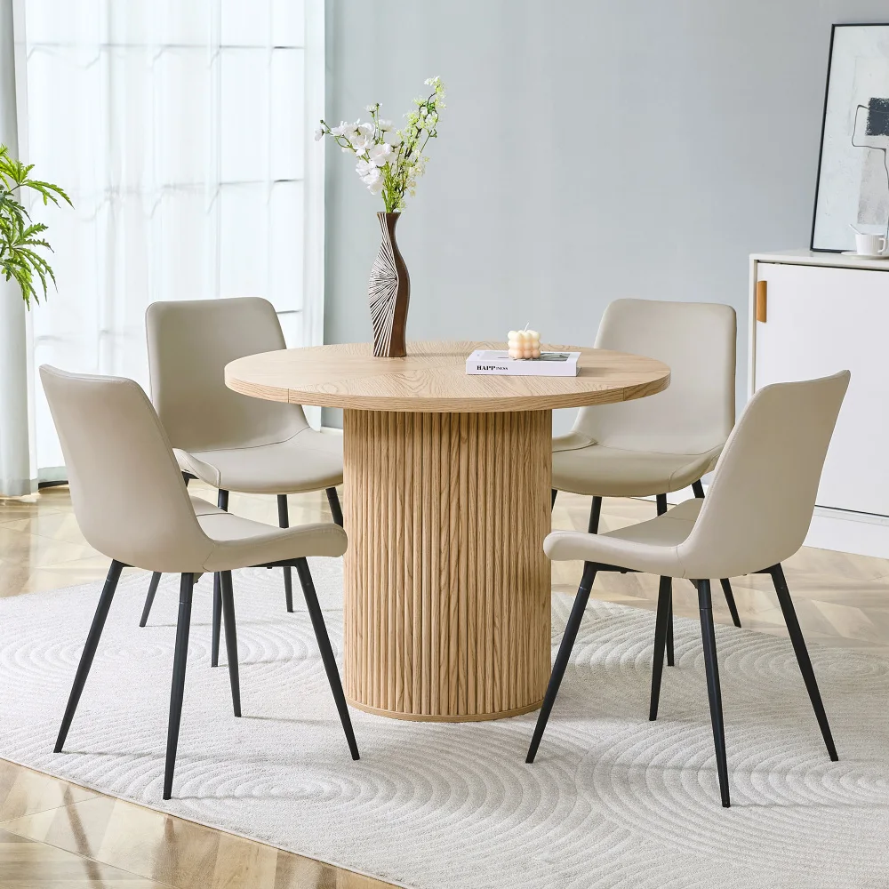 Minimalistisches Rundes Esszimmer-Set aus Hellem Holz - 100cm MDF-Tisch mit 4 Grauen Kunstleder-Stühlen mit Verbreitertem Sitz