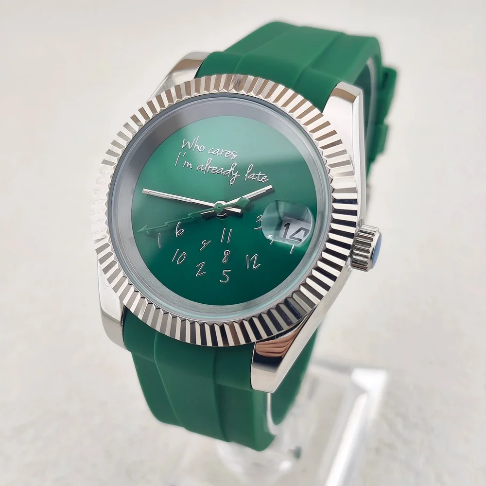 36mm 39mm NH35 Uhr „Who cares im already late“ Uhr ohne Logo, Saphirglas, Edelstahl, wasserdichtes Gehäuse, passend für Automatikwerk Image