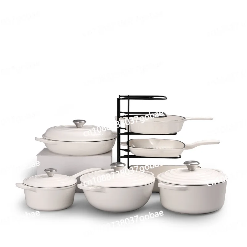 Topfset aus emailliertem Gusseisen, Topf plus Meeresfrüchtopf, Milchtopf, gestreifter Steaktopf Image