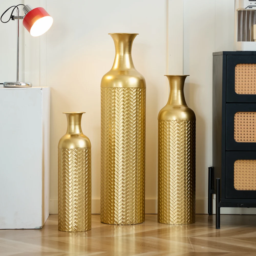 50×66×83cm Bodenvasen-Set, 3-teilig, Gold – Dekorative Bodenvasen mit Strukturmuster, hohe Metall-Übertöpfe für Pflanzen, Deko-Vasen Image