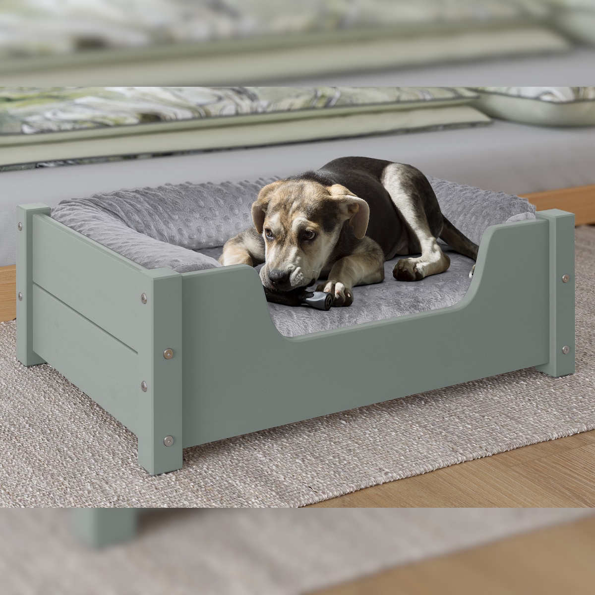 Erst-Holz Gemütliches Tierbett für Katzen und Hunde 60x40 Kiefer grau V-30.32-G-60x40 mit Rollrost Polster und Matratze Image