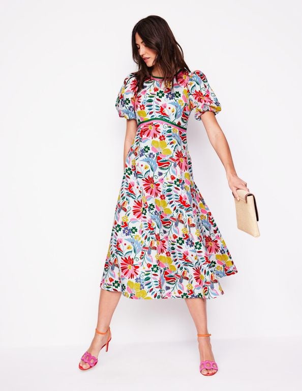 Empire Linen Tea Dress-Multi, Wildflower Trail - White - Boden Dresses