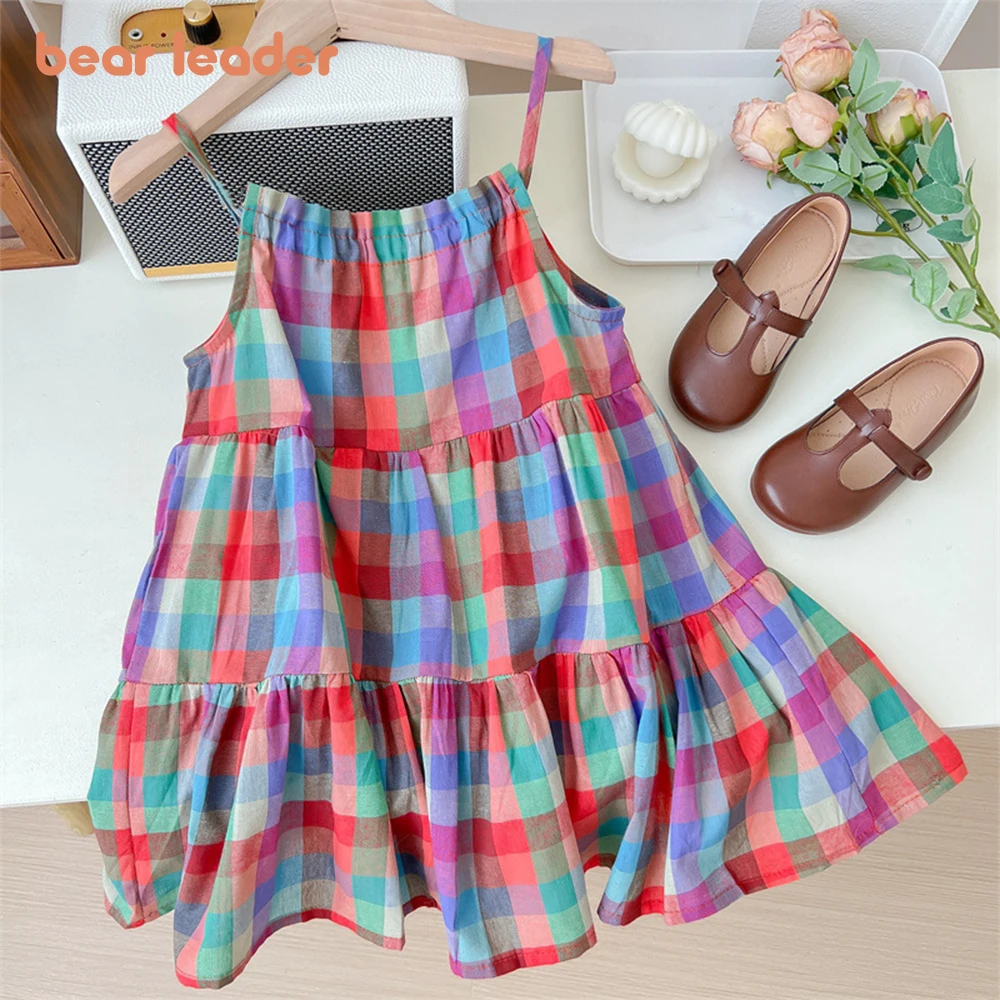 Bear Leader Mädchen-Set, 2023, Sommer, neues Freizeitkleid, buntes kariertes Trägerkleid, ärmelloses Prinzessinnenkleid, modisches Mädchenkleid Image