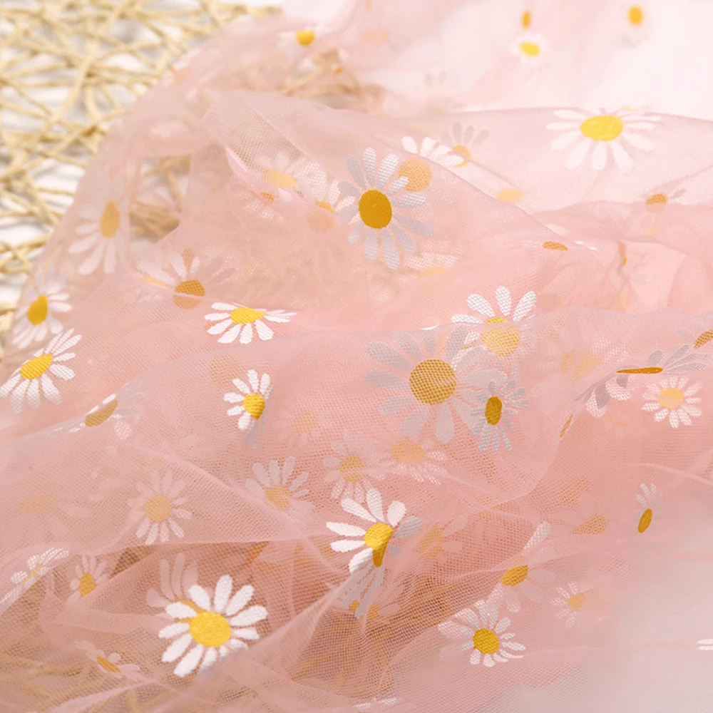 Gänseblümchen-Blumen-Tüll-Mesh-Stoff, 1,5 x 0,9 m, Weichheit für Baby-Fotohintergrund, Mädchenkleider, Boho-Hochzeitsdekoration, Party-Vorhangzubehör Image