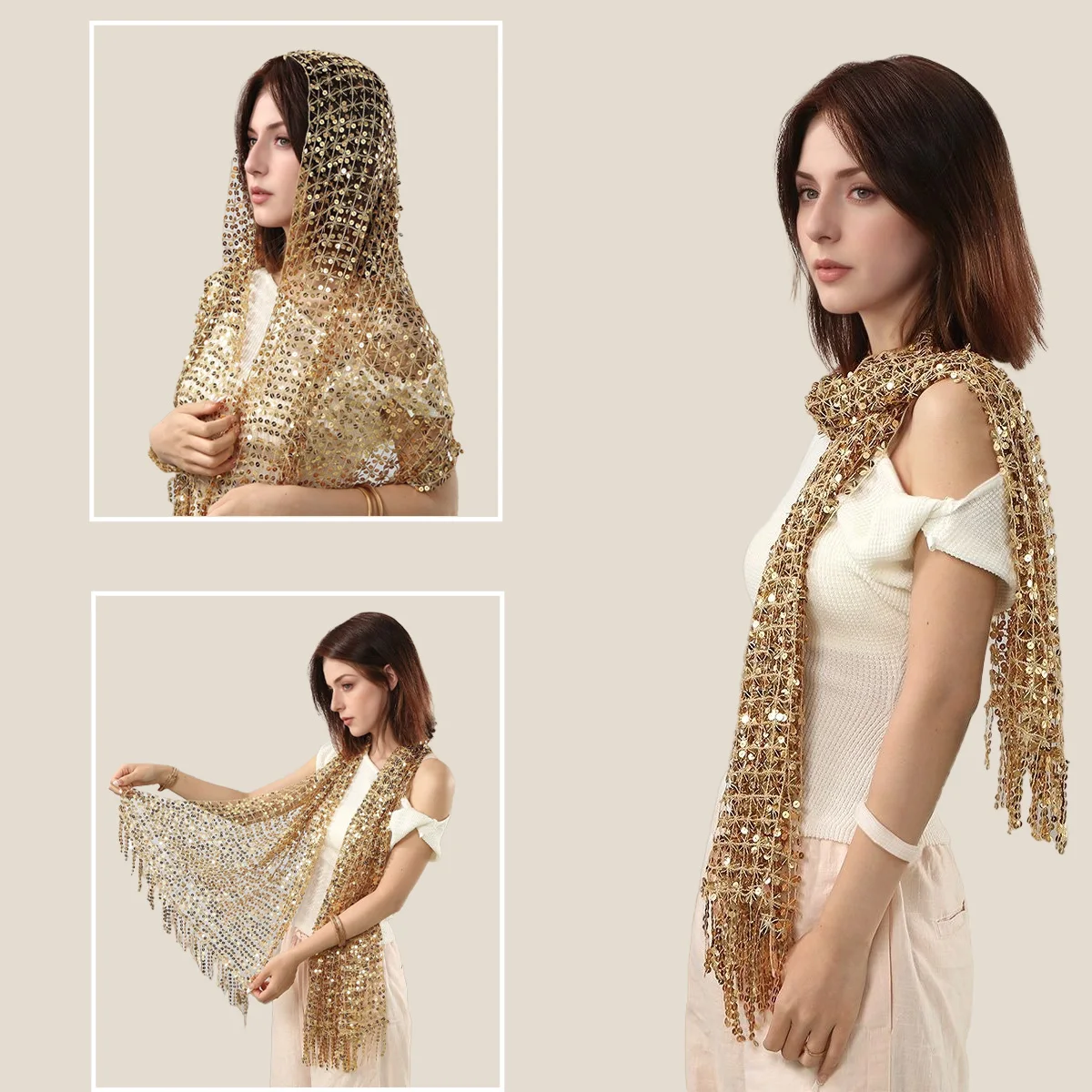 Vintage Golden Sparkle Fransen Schal Party Schal Frauen Luxus Kopftuch Pailletten Deco Wraps Fransen Braut Brautjungfer Hochzeit Cape Image