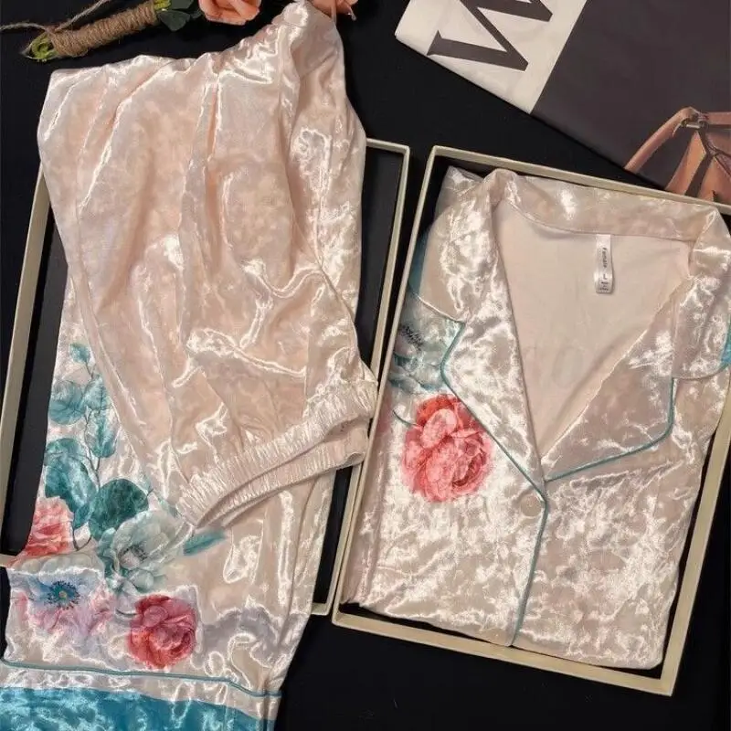 Samt Weibliche 2Pcs Pyjamas Set Loungewear Elegante Druck Blume Hosen Pijamas Anzug Herbst Winter Neue Nachtwäsche Hause Kleidung Image
