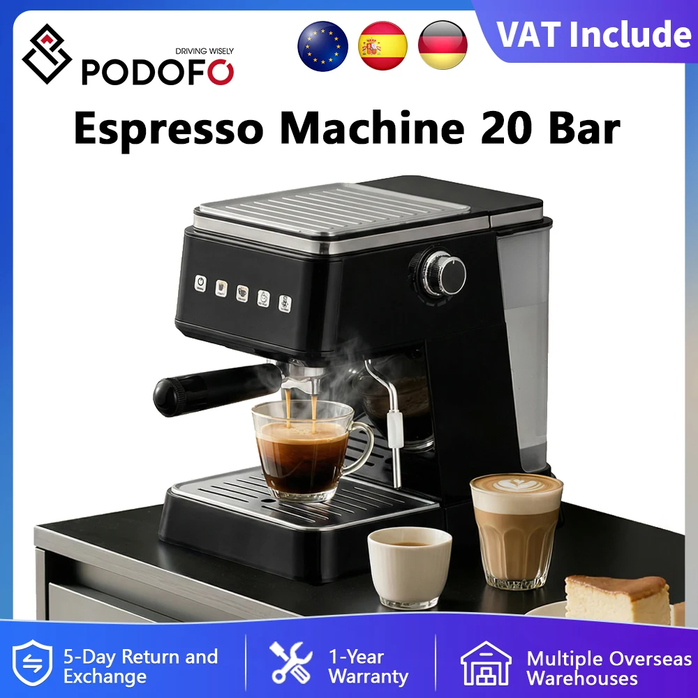 Podofo 20 Bar Espressomaschine 1350W/850W Espresso-Kaffeemaschine Milchaufschäumer Halbautomatische Cappuccino-Maschine für Zuhause und Büro